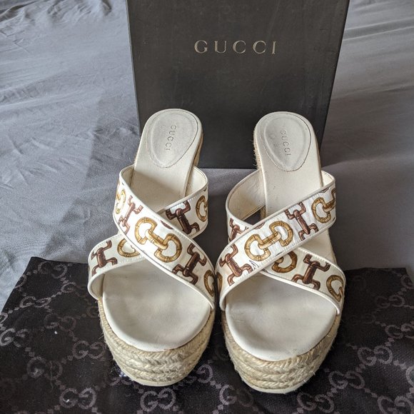 Gucci Horsebit Print Espadrille Wedge Sandals Sz 8 - Picture 1 of 12